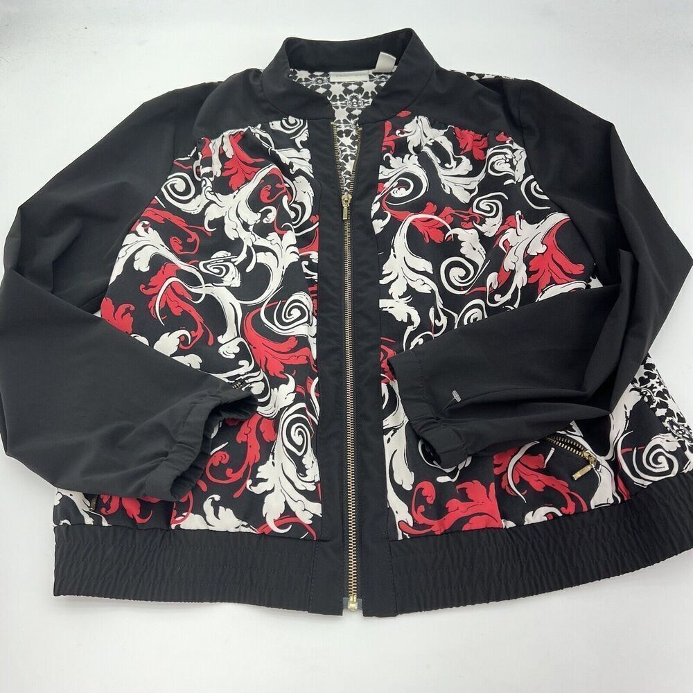 Zenergy by Chico's black, white, red floral design full zip jacket Size Large